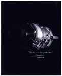 Fred Haise Signed 16'' x 20'' Photo of the Apollo 13 Damaged Service Module -- Haise Also Writes the Famous Quote, ''Houston, we've had a problem here!''